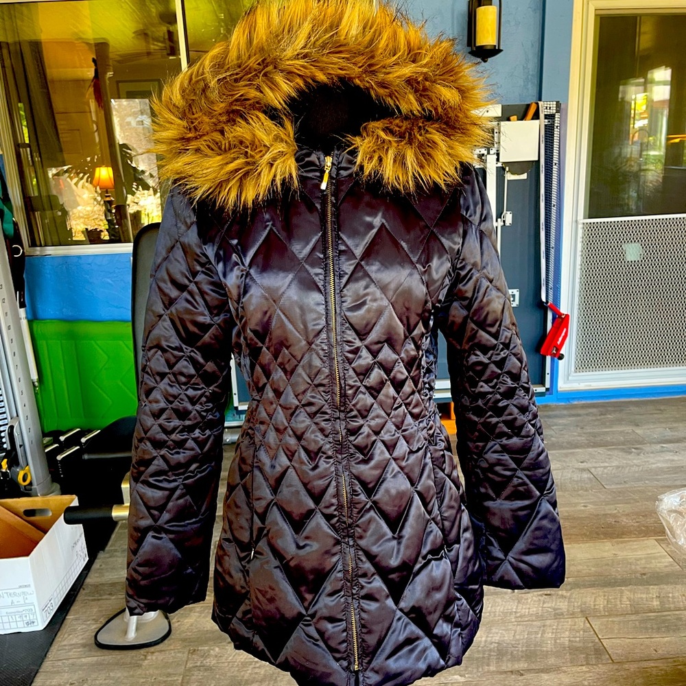 Liz wear Navy Satin Winter Jacket